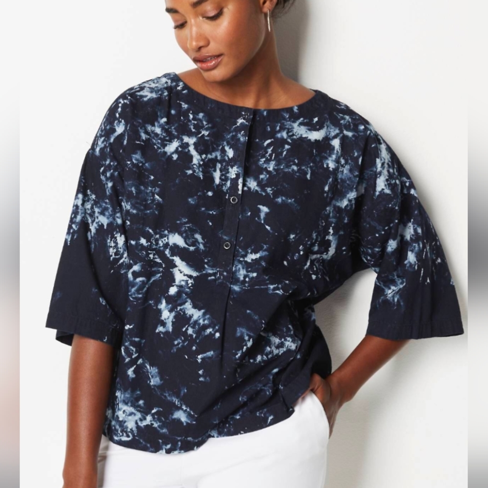 J.Jill Pure Jill Marble-dyed Indigo Cotton Kimono Top In Navy, tie dye, size L